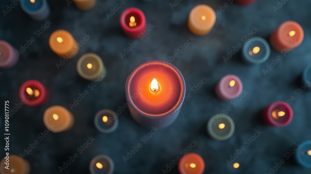 Poster a single candle surrounded by a variety of smaller candles, highlighting the illumination provided b