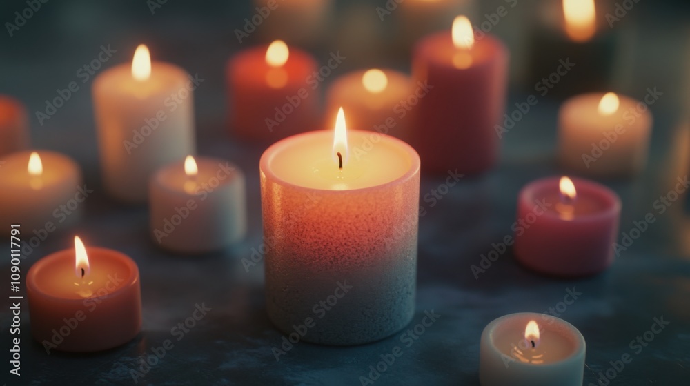 Poster a single candle surrounded by a variety of smaller candles, highlighting the illumination provided b