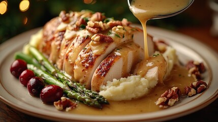 Sliced turkey breast with gravy, mashed potatoes, asparagus, and cranberries.