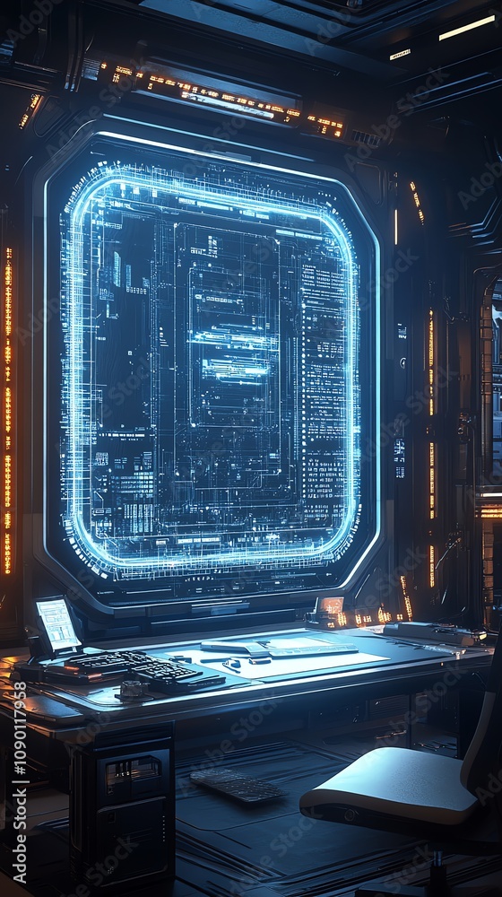 Poster Futuristic workspace with holographic display showing code.