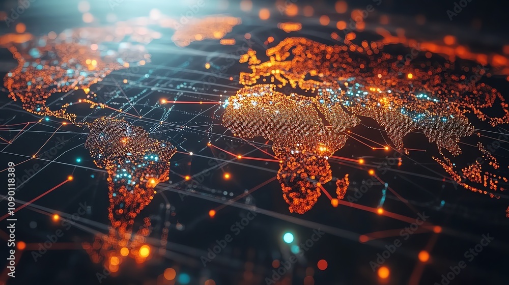 Poster Global network connection map, illuminated lines connecting continents.