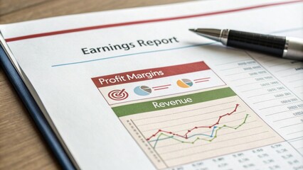 Earnings Report Document A closeup of a financial document titled Earnings Report with highlighted profit margins and revenue figures.