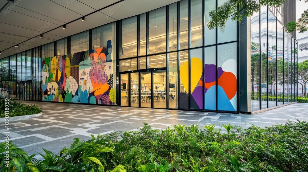 Aufkleber modern building facade with colorful murals and greenery in front.