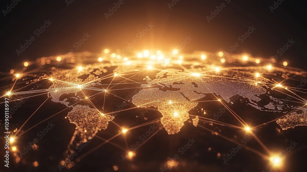 Poster Global network connection, illuminated world map with glowing nodes and lines representing communication and data transfer.
