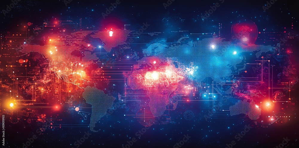 Poster Global network connection, digital world map with glowing nodes.