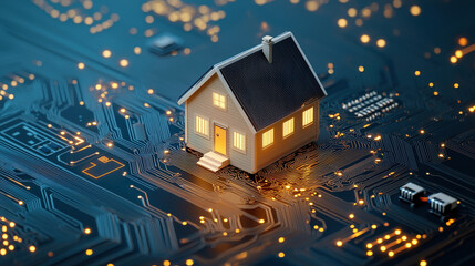 Obraz premium small house on intricate circuit board, symbolizing technology and home. glowing lights create warm atmosphere amidst digital landscape