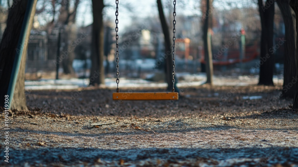 Aufkleber A single empty swing in an abandoned playground, Illustrating the decline of community spaces in urban areas, minimalistic style