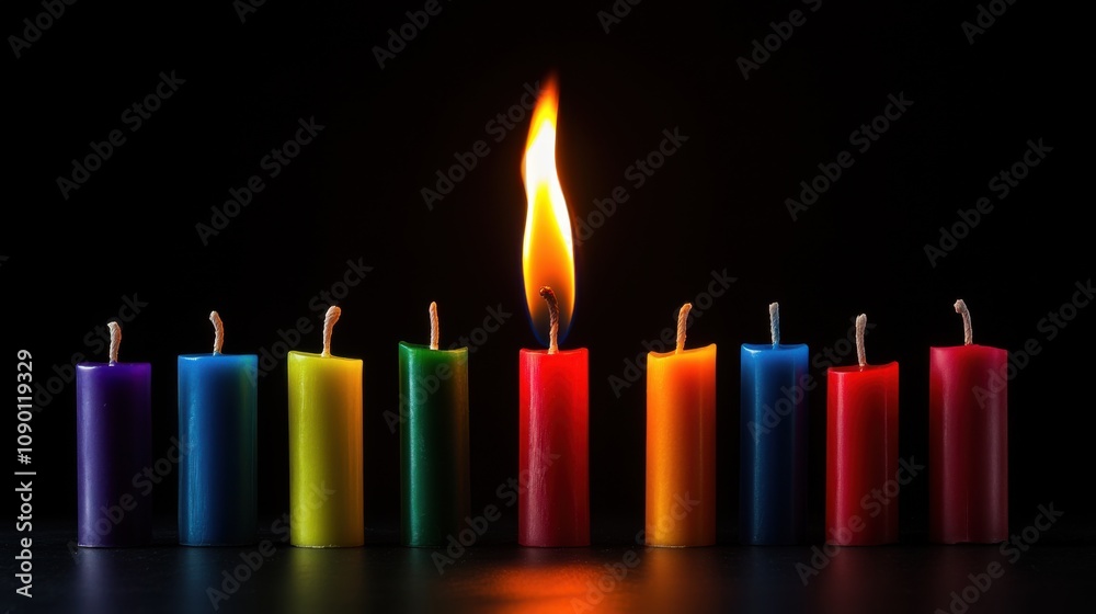 Poster A single flame surrounded by different colored candles, Symbolizing the unity and warmth created by diverse contributions, minimalistic style