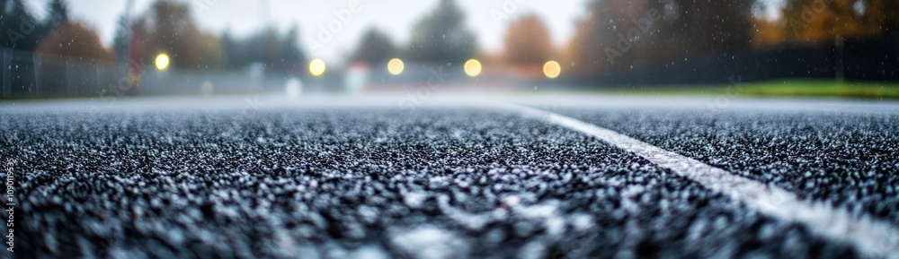 Poster a close-up view of a wet track with blurred lights in the background, suggesting a rainy day.