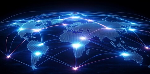 Naklejka premium Global network connections visualized on a world map with glowing nodes and lines.