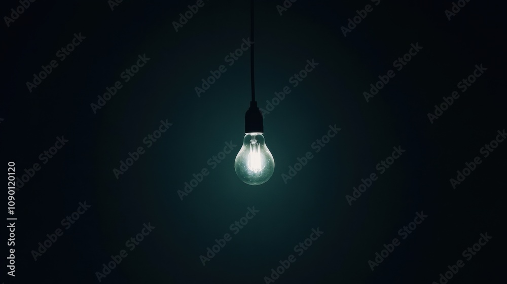 Poster a single light bulb hanging in a dark room, representing the issue of energy poverty and access to e