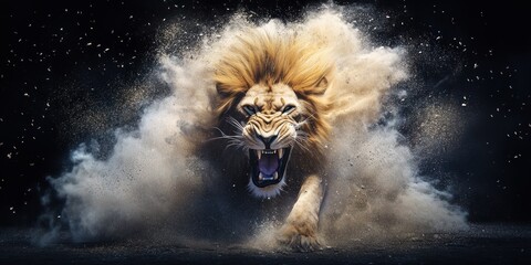 A roaring lion emerges from a cloud of dust, showcasing power and majesty.