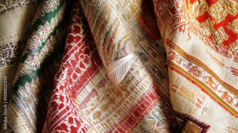 Poster A single thread weaving through a fabric of different patterns, Highlighting the interconnectedness of diverse experiences, minimalistic style