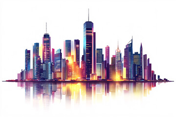 Obraz premium A colorful skyline of modern skyscrapers reflecting in water with vibrant hues of orange pink and yellow creating a dynamic cityscape 