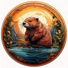 Beaver on the river designed in a circle