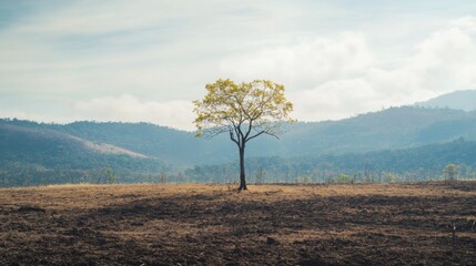 A single tree standing in a deforested area, Highlighting the impact of deforestation and environmental degradation, minimalistic style