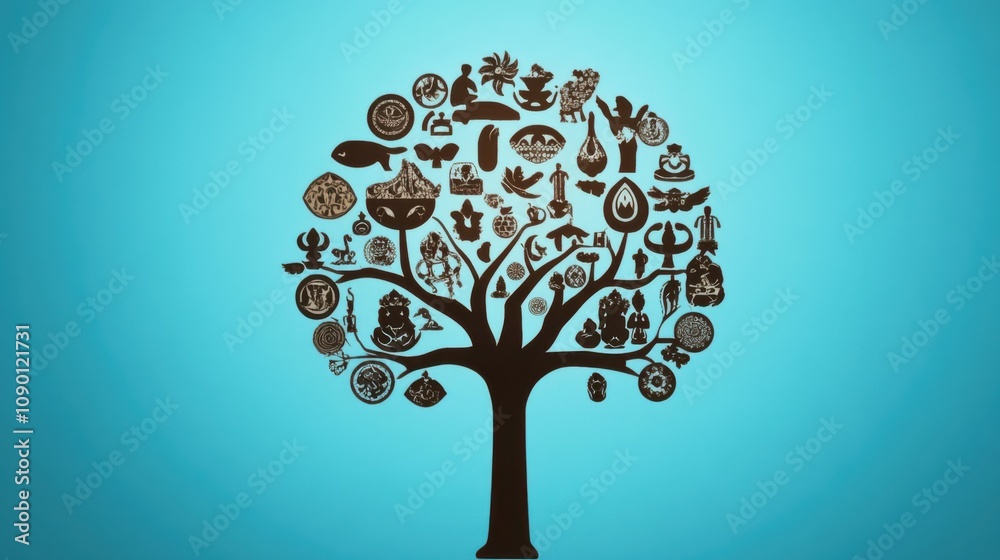Poster a single tree with branches forming a variety of cultural symbols, highlighting the inclusion of mul