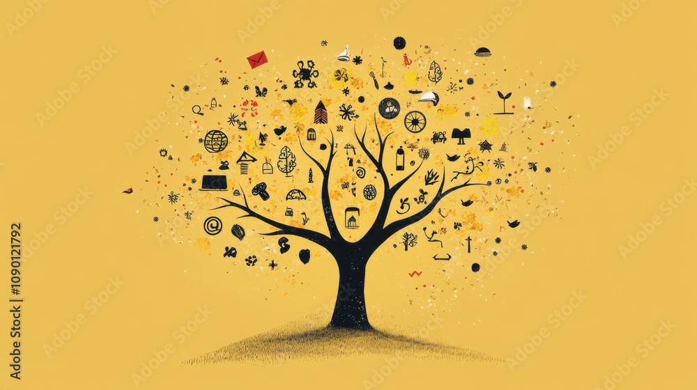Poster a single tree with branches forming a variety of cultural symbols, highlighting the inclusion of mul