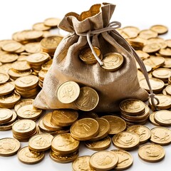 Golden coins bag on a white or transparent background.
