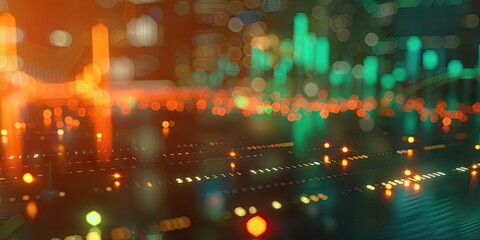 A close-up of a digital screen showing dynamic stock market data, graphs, and candlestick charts with green and red indicators. 