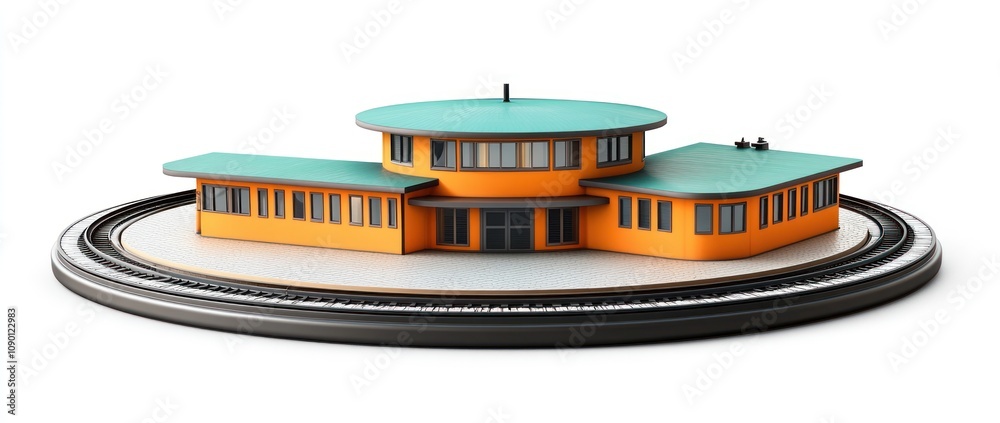 Poster a model train station with a circular design and vibrant colors on a circular track.