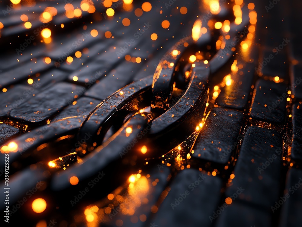 Poster glowing chain links on dark stone surface.