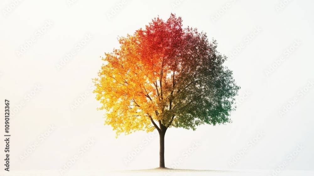 Poster A single tree with leaves of different colors arranged in a gradient, representing the beauty and diversity of nature, minimalistic style