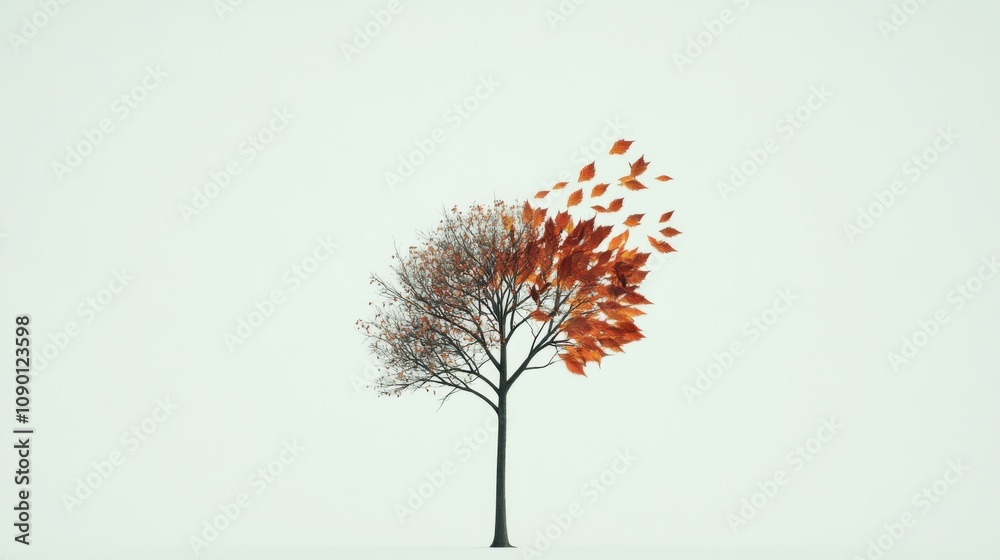 Poster A single tree with leaves of different shapes and colors, Representing the varied contributions and growth in an inclusive environment, minimalistic style