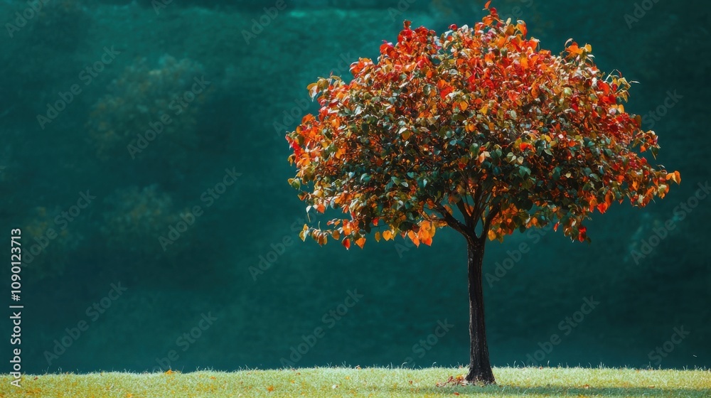 Poster a single tree with leaves of various colors in a serene park, illustrating the idea of growth throug