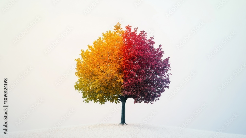 Poster a single tree with leaves of various shapes and colors forming a spiral, highlighting the diversity 