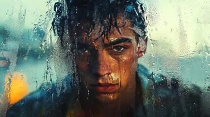Sweaty man seen through wet glass.