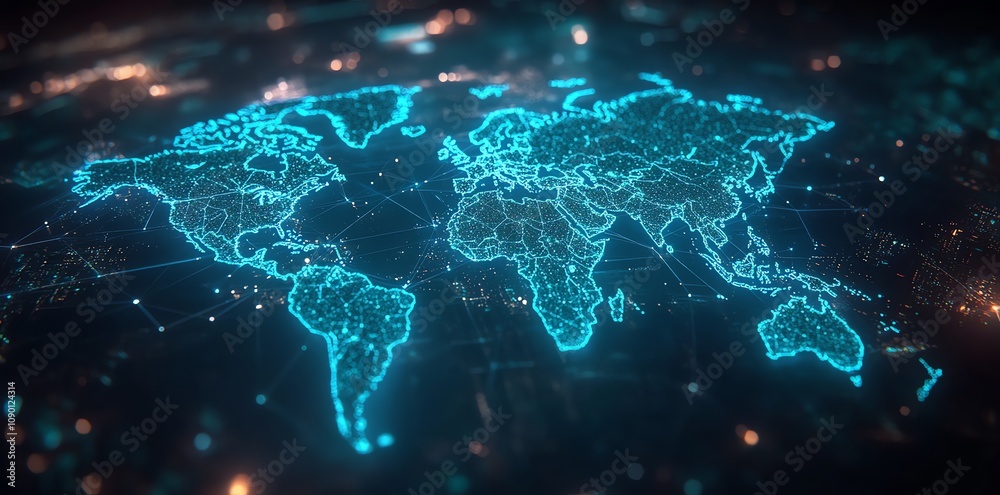 Poster Glowing digital world map with interconnected nodes.