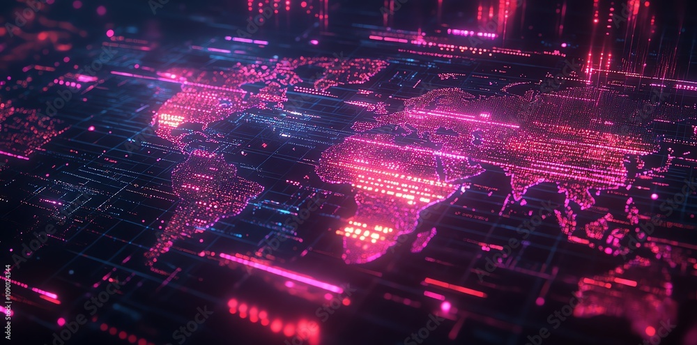 Poster Glowing digital world map on a circuit board.