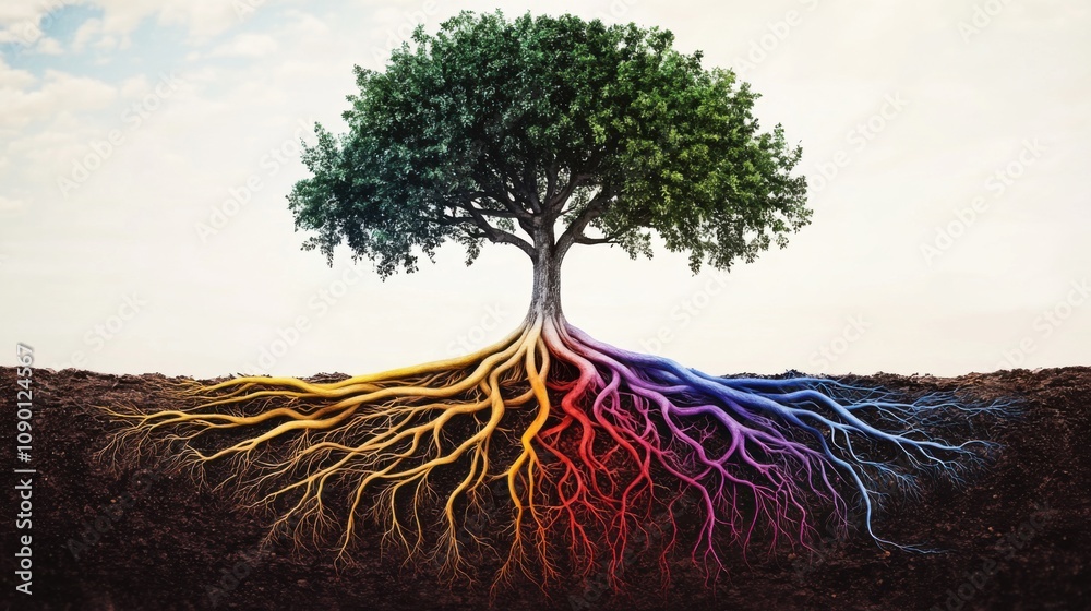 Poster A single tree with roots of different colors spreading outward, Representing the diverse foundations and support systems in a community, minimalistic style