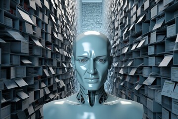 Cyberspace 3d illustration of email messages in the form of books, folders, archives and a robot head on a light blue background. Subscriber profiles evaluate digital