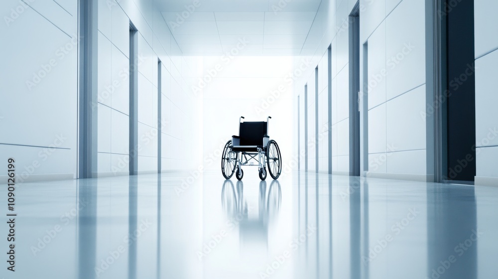 Aufkleber A solitary wheelchair in an empty corridor, Emphasizing the challenges faced by people with disabilities in accessing public spaces, minimalistic style
