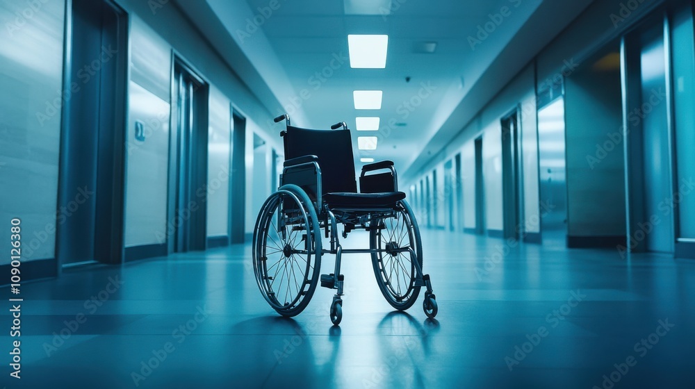 Poster A solitary wheelchair in an empty corridor, Emphasizing the challenges faced by people with disabilities in accessing public spaces, minimalistic style