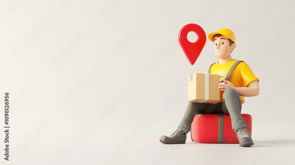 Poster a cartoon delivery worker sits with a package and a location pin, symbolizing logistics.