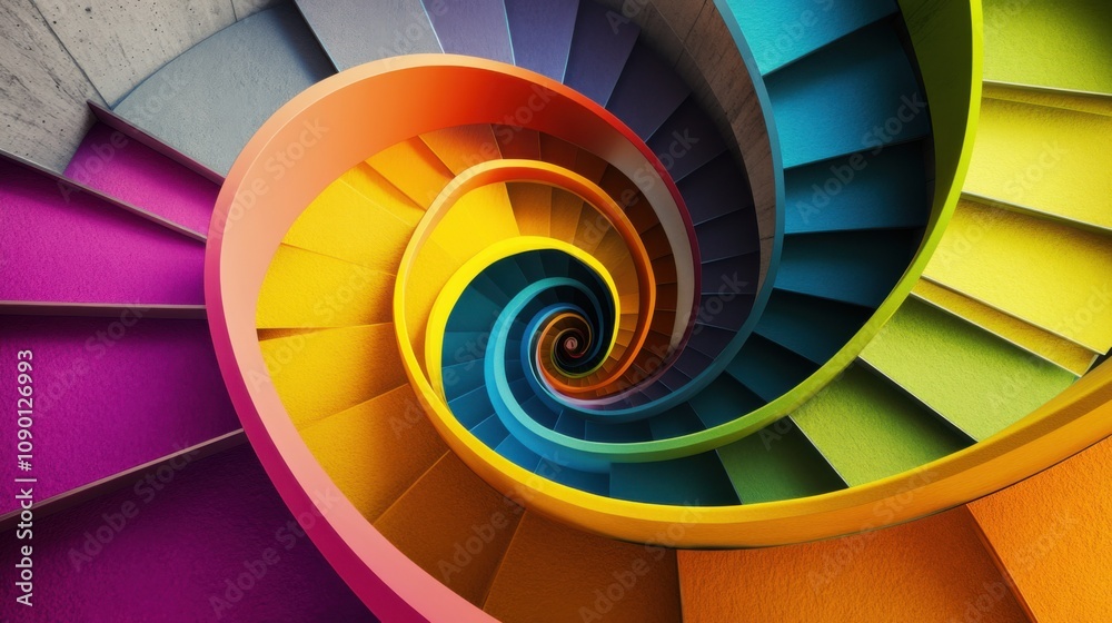 Poster a spiral staircase with steps of different materials and colors, illustrating the journey of diversi