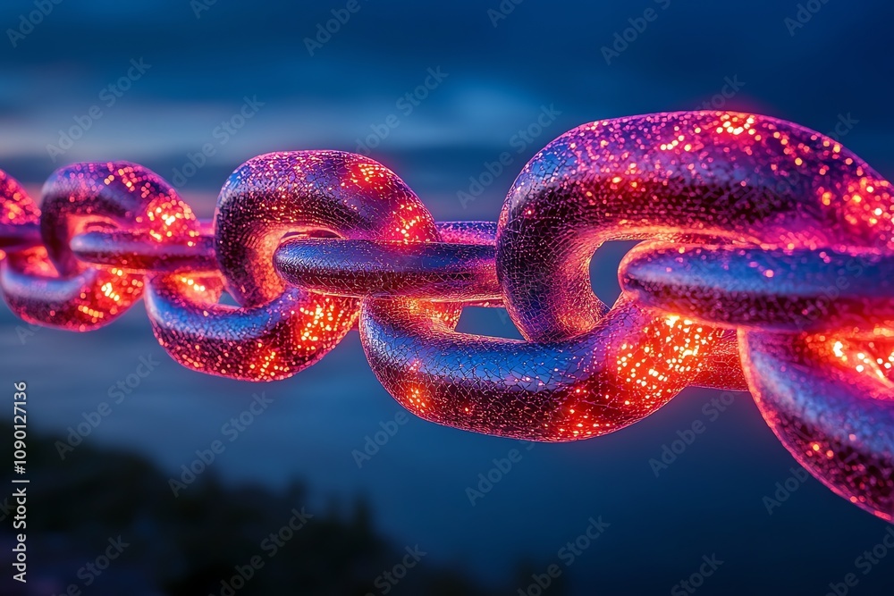 Poster glowing metallic chain links against a twilight sky.