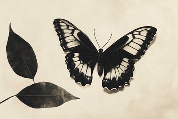 Black and White Butterfly Art with Leaves on Vintage Background, Featuring Delicate Wings and Elegant Flora for Nature and Decorative Design