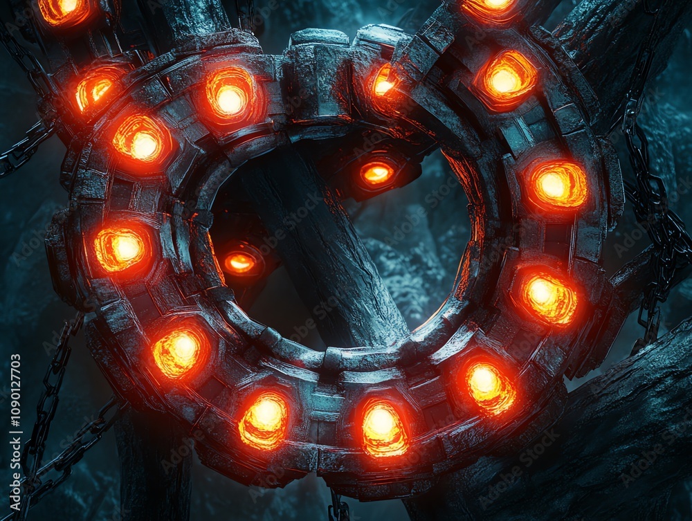 Poster glowing metallic ring structure with chains, set against a dark, textured background.