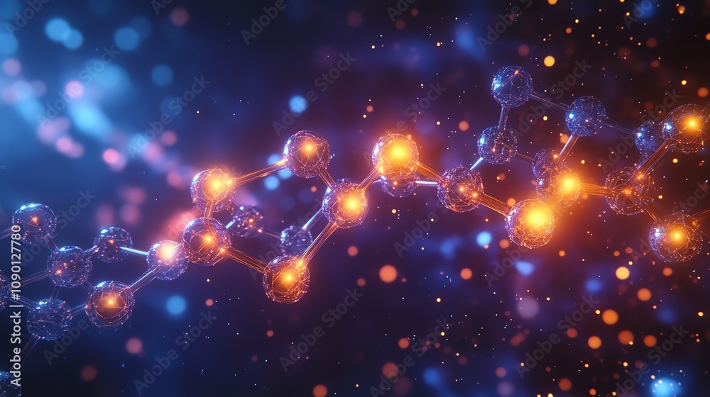Poster Glowing molecular structure with bokeh background.