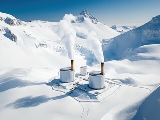 Geothermal energy plant emitting steam icy mountain range aerial view snowy environment renewable energy concept