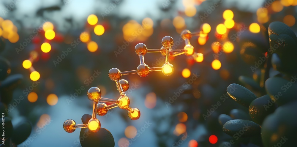 Poster glowing molecular structure, abstract science background.
