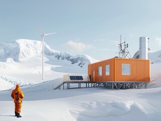 Renewable energy research station remote arctic location scientific facility snowy environment ground view sustainable innovation