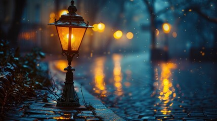 Obraz premium A glowing lantern illuminates a rainy cobblestone street at dusk.