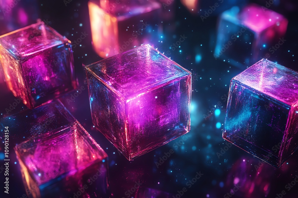 Poster glowing neon pink and blue glass cubes float in dark space, illuminated with particles.