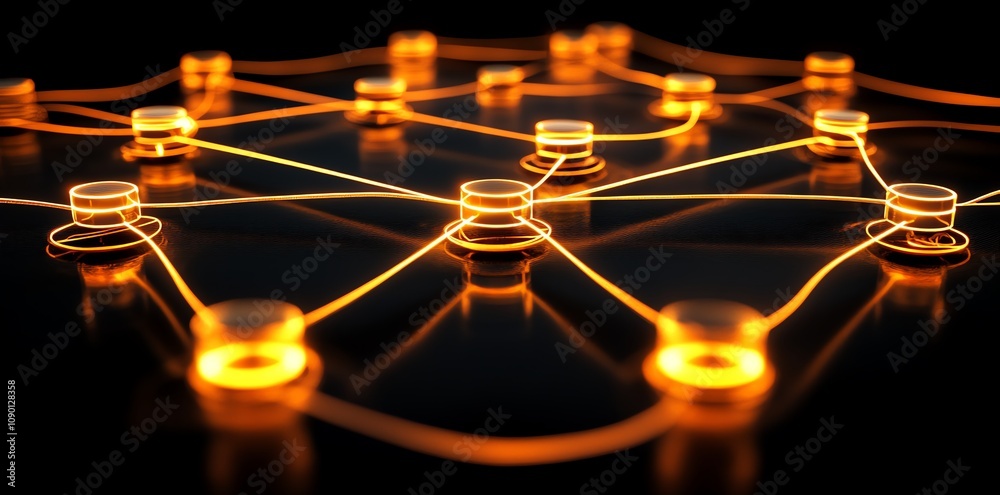 Poster Glowing network nodes interconnected by bright lines on a dark background.