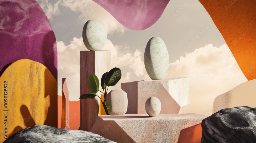 Poster A surreal depiction of diverse elements like geometric shapes and organic forms merging fluidly, Representing the seamless integration of varied identities and experiences, photography style